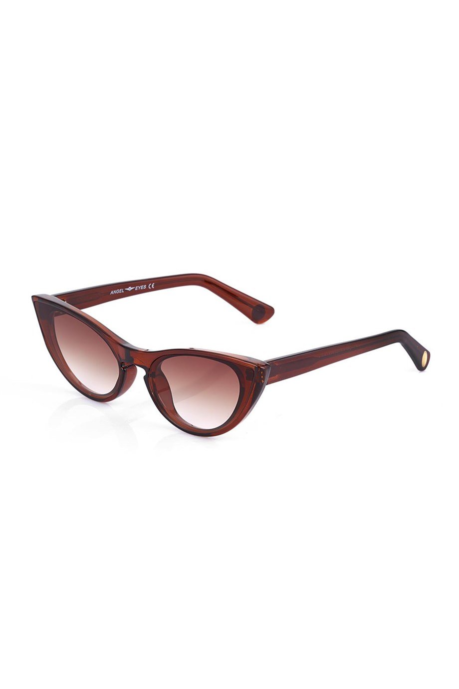 The SIMI Eyewear CAT sunglasses feature brown cat-eye frames with gradient lenses, thick angled design, wide tapering arms, and a subtle gold detail near each temple. Shown on a white background.