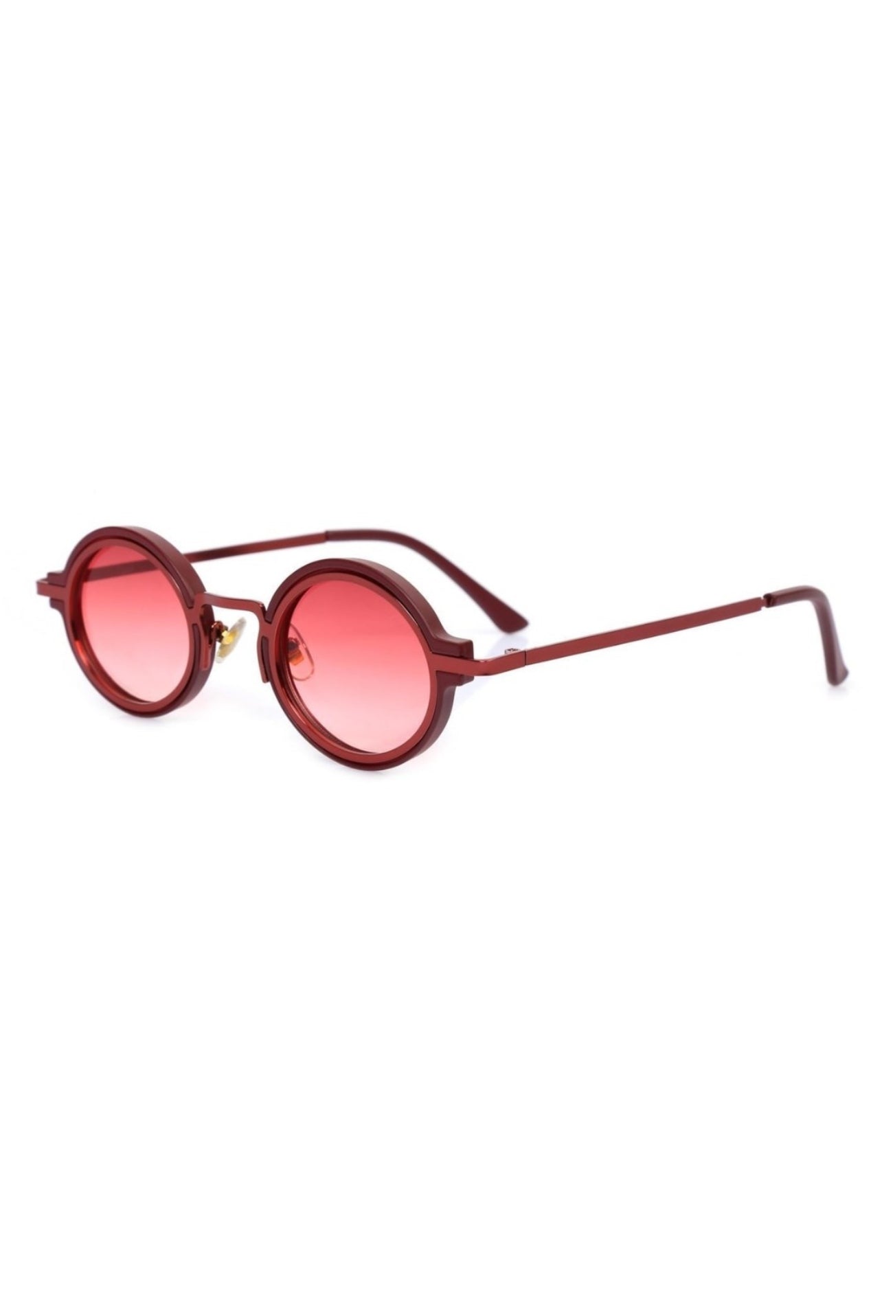 ROSE by SIMI Eyewear features round sunglasses with thin cherry red frames and matching cherry red-tinted lenses, shown at an angle on a white background.