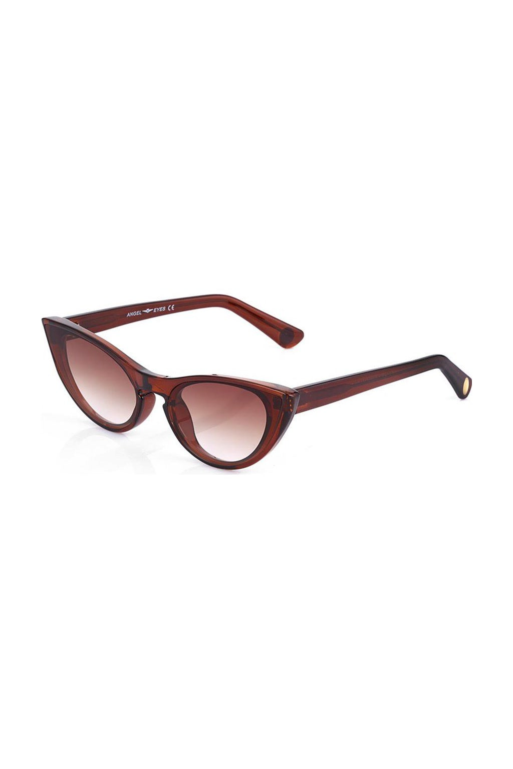The SIMI Eyewear CAT sunglasses feature brown cat-eye frames with gradient lenses, thick angled design, wide tapering arms, and a subtle gold detail near each temple. Shown on a white background.